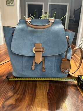 Michael Kors Dusty Blue Suede Backpack with Tan Leather Trim  Stunning bag